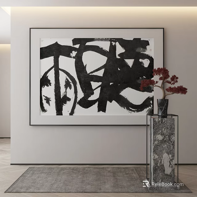Contemporary Wall Art Abstract Black White Painting With Red Flowers In Marble Vase 3d model 