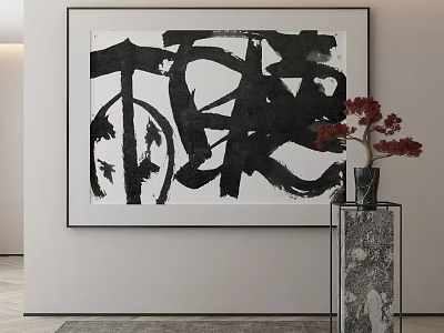 Contemporary Wall Art Abstract Black White Painting With Red Flowers In Marble Vase 3d model