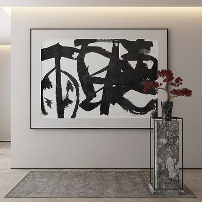 Contemporary Wall Art Abstract Black White Painting With Red Flowers In Marble Vase 3d model