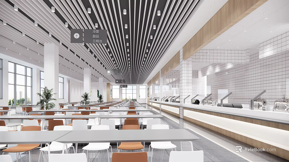 Spacious Cafeteria Interior With Long Dining Tables Ceiling Light Strips And Food Serving Counters 3d model