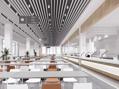 Spacious Cafeteria Interior With Long Dining Tables Ceiling Light Strips And Food Serving Counters 3d model