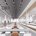 Spacious Cafeteria Interior With Long Dining Tables Ceiling Light Strips And Food Serving Counters 3d model