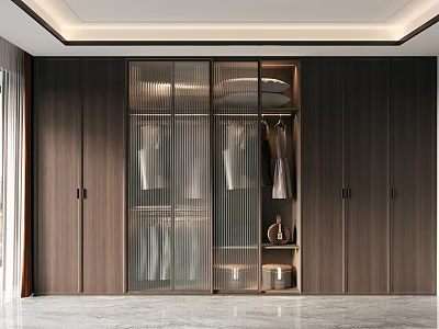 Modern Wooden Wardrobe With Glass Doors And Hanging Clothes Storage Interior Design 3d model