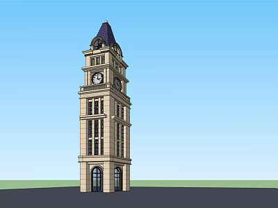 Classic Clock Tower With Stone Exterior Spire Top Arched Doors Against Blue Sky Green Field 3d model