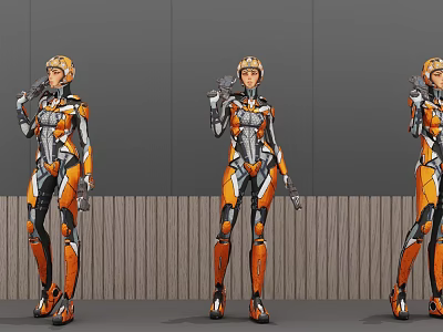 Game Movie Character Female in Orange Silver Mech Armor with Golden Short Hair Three Poses 3d model