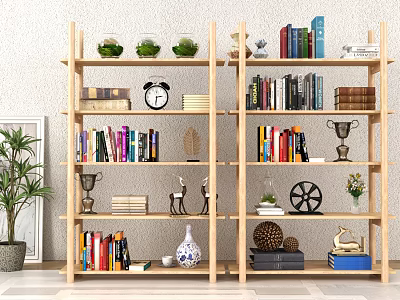 Wooden Bookshelf With Books Decorative Items And Potted Plant In Modern Interior 3d model