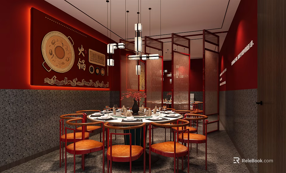 Private Dining Room Interior In Hotpot Restaurant With Red Decor Round Table And Hanging Lamps 3d model 