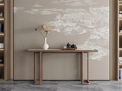 Traditional Chinese Console Table With Landscape Wall Art Wooden Surface And Decorative Vase 3d model