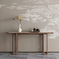 Traditional Chinese Console Table With Landscape Wall Art Wooden Surface And Decorative Vase