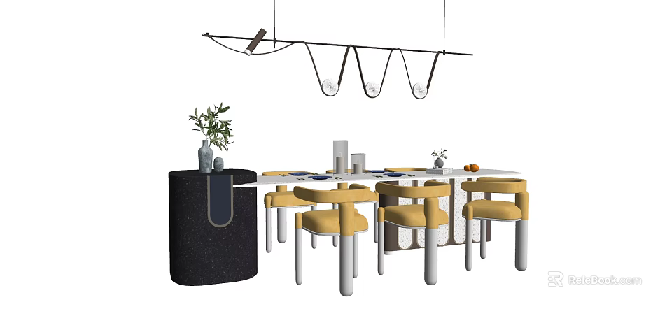 Modern Round Dining Table Set With Yellow Chairs Black Side Table And Green Plant 3d model