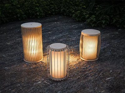 Cylindrical Striped Outdoor Lamps Emitting Warm Light in Garden Setting with Greenery 3d model