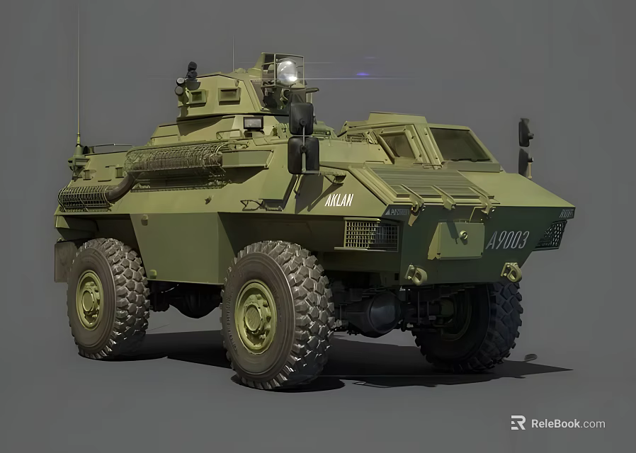 Military Green Armored Vehicle Featuring Large Tires Antenna And Observation Windows 3d model 