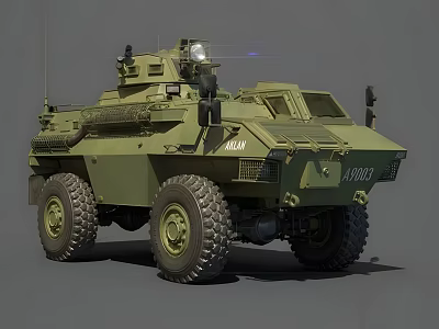 Military Green Armored Vehicle Featuring Large Tires Antenna And Observation Windows 3d model