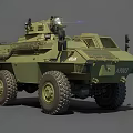 Military Green Armored Vehicle Featuring Large Tires Antenna And Observation Windows