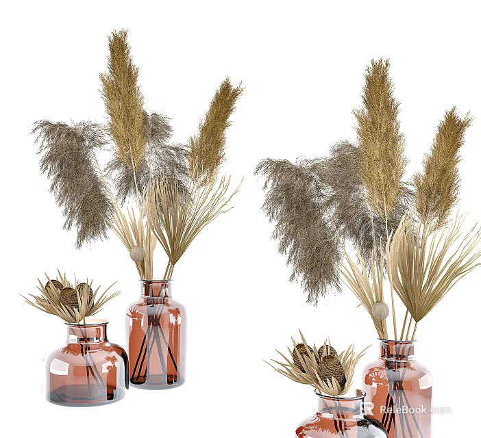 Two Brown Glass Vases with Dried Pampas Grass and Reed Floral Arrangement 3d model 