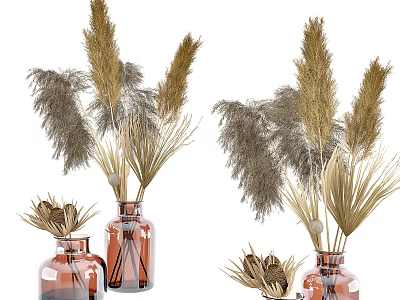 Two Brown Glass Vases with Dried Pampas Grass and Reed Floral Arrangement 3d model