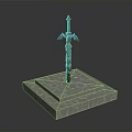 Decorative Ancient Sword With Wing Shaped Hilt On Square Marble Pedestal