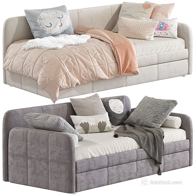 Light And Gray Sofa Bed Interior With Decorative Pillows And Cozy Blankets 3d model 
