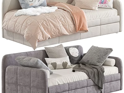 Light And Gray Sofa Bed Interior With Decorative Pillows And Cozy Blankets 3d model