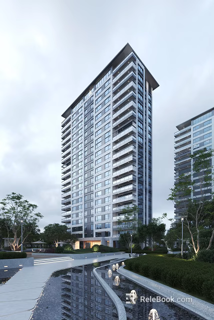 Modern High Rise Residential Building With Glass Windows Balconies And Surrounding Trees 3d model 