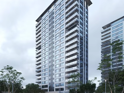 Modern High Rise Residential Building With Glass Windows Balconies And Surrounding Trees 3d model