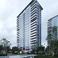 Modern High Rise Residential Building With Glass Windows Balconies And Surrounding Trees
