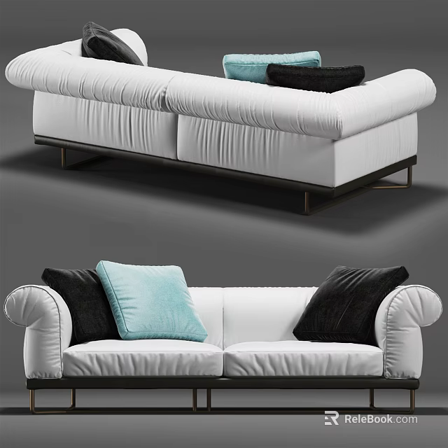 Modern White Two Seater Sofa With Padded Backrest And Black Light Blue Pillows 3d model