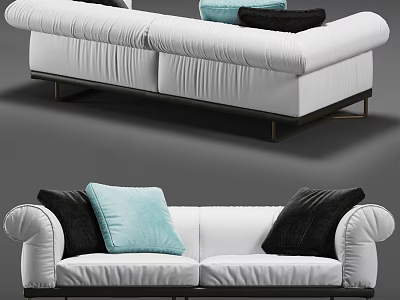 Modern White Two Seater Sofa With Padded Backrest And Black Light Blue Pillows 3d model