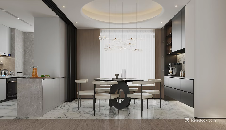 Modern Restaurant Interior With Round Dining Table Geometric Pendant Lights And Marble Floor 3d model 
