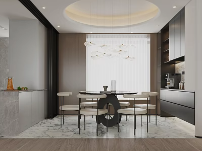 Modern Restaurant Interior With Round Dining Table Geometric Pendant Lights And Marble Floor 3d model
