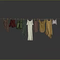 Various Colored Clothes Hanging On Clothesline With Dark Background And Reflection