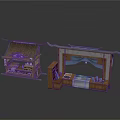 Chinese Traditional Scene Components With Wooden Roof Bookshelf Bed Platform And Display Shelves