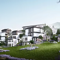 Modern Townhouses In Serene Setting With Lush Greenery Flowers And Mountains