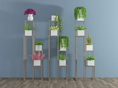 Bonsai Potted Plants On Multi Tiered Metal Shelves With Various Green Plants And Colorful Flowers 3d model