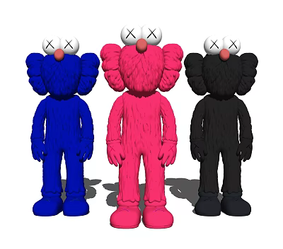 Colorful Plush Stuffed Dolls In Blue Pink Black With White XX Eyes And Red Nose 3d model