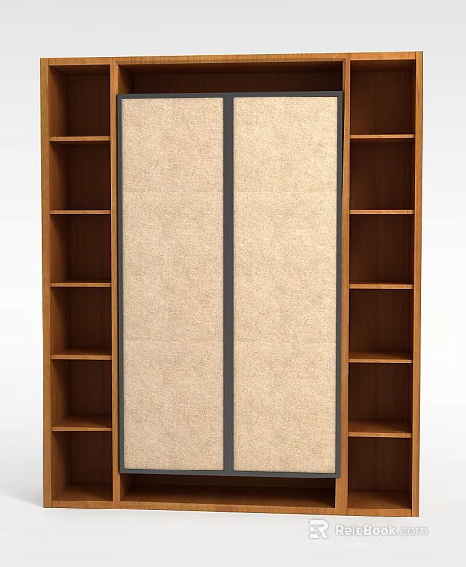 Wardrobe With Wooden Shelves On Both Sides And Middle Beige Doors Design 3d model 
