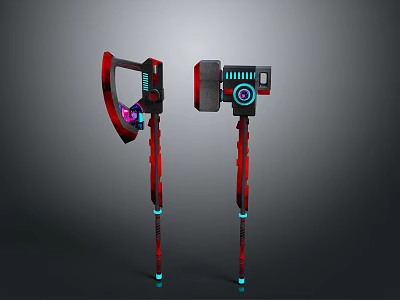 Sci Fi Weapon Set Featuring Axe and Hammer With Mechanical Design and LED Lights 3d model