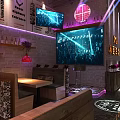Modern Restaurant Interior With Red Pendant Lights Wooden Tables And Cat Wall Decor