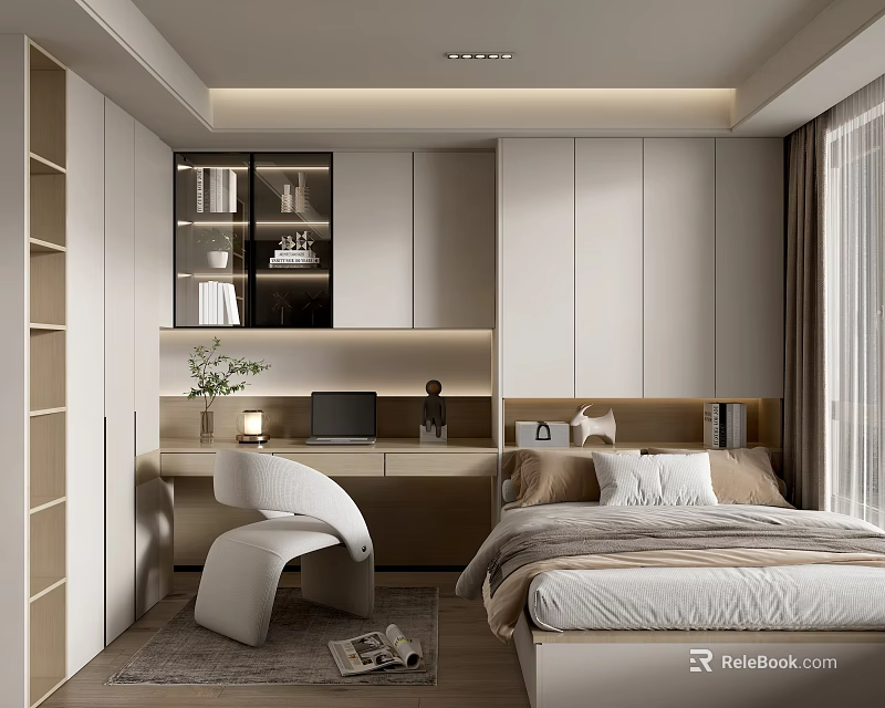 Modern Tatami Bedroom Interior Design With Tatami Bed Desk Chair And Built in Cabinets 3d model 