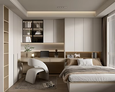 Modern Tatami Bedroom Interior Design With Tatami Bed Desk Chair And Built in Cabinets 3d model
