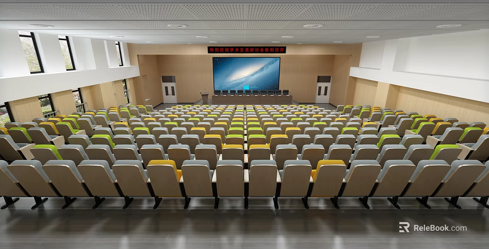 Spacious Modern Conference Room Interior With Large Projection Screen And Organized Seating Rows 3d model