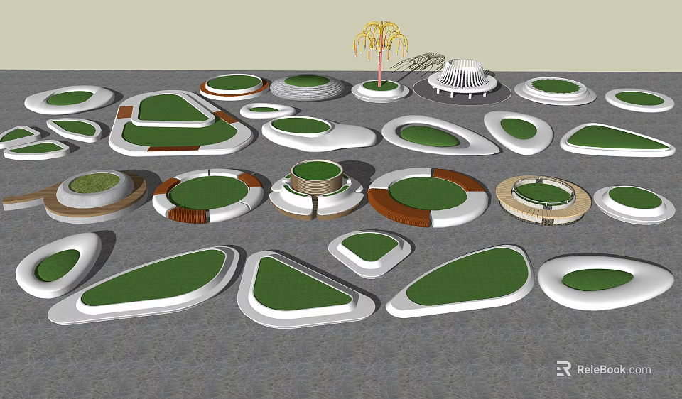 Tree Planters with Various Shapes Green Surfaces and White Borders in Modern Outdoor Landscape 3d model 