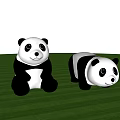 Two Adorable Panda Toys Sitting And Lying On Green Grassy Field