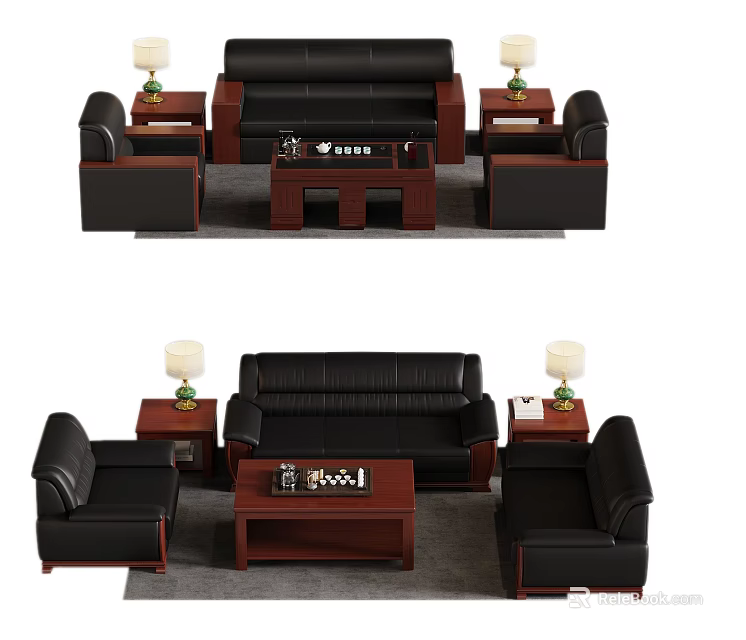 Black Leather Sofas and Wooden Coffee Table Set with Side Tables and Table Lamps 3d model
