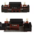 Black Leather Sofas and Wooden Coffee Table Set with Side Tables and Table Lamps 3d model