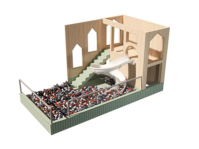 Indoor Wooden Playground Equipment With Staircase Slide Arched Windows And Colorful Ball Pit 3d model