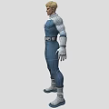 Futuristic Man In Blue Bodysuit With Four Logo Silver Gloves White Belt And Silver Boots