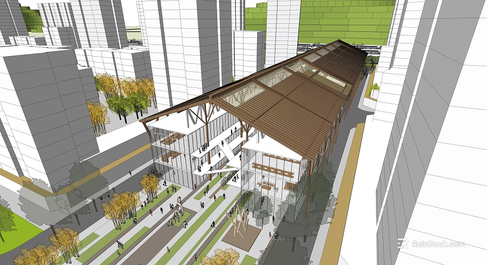 Modern Commercial Street With Sloped Roof Architecture Surrounded By Tall Buildings Trees And Pedestrians 3d model 