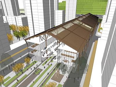 Modern Commercial Street With Sloped Roof Architecture Surrounded By Tall Buildings Trees And Pedestrians 3d model
