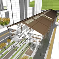 Modern Commercial Street With Sloped Roof Architecture Surrounded By Tall Buildings Trees And Pedestrians